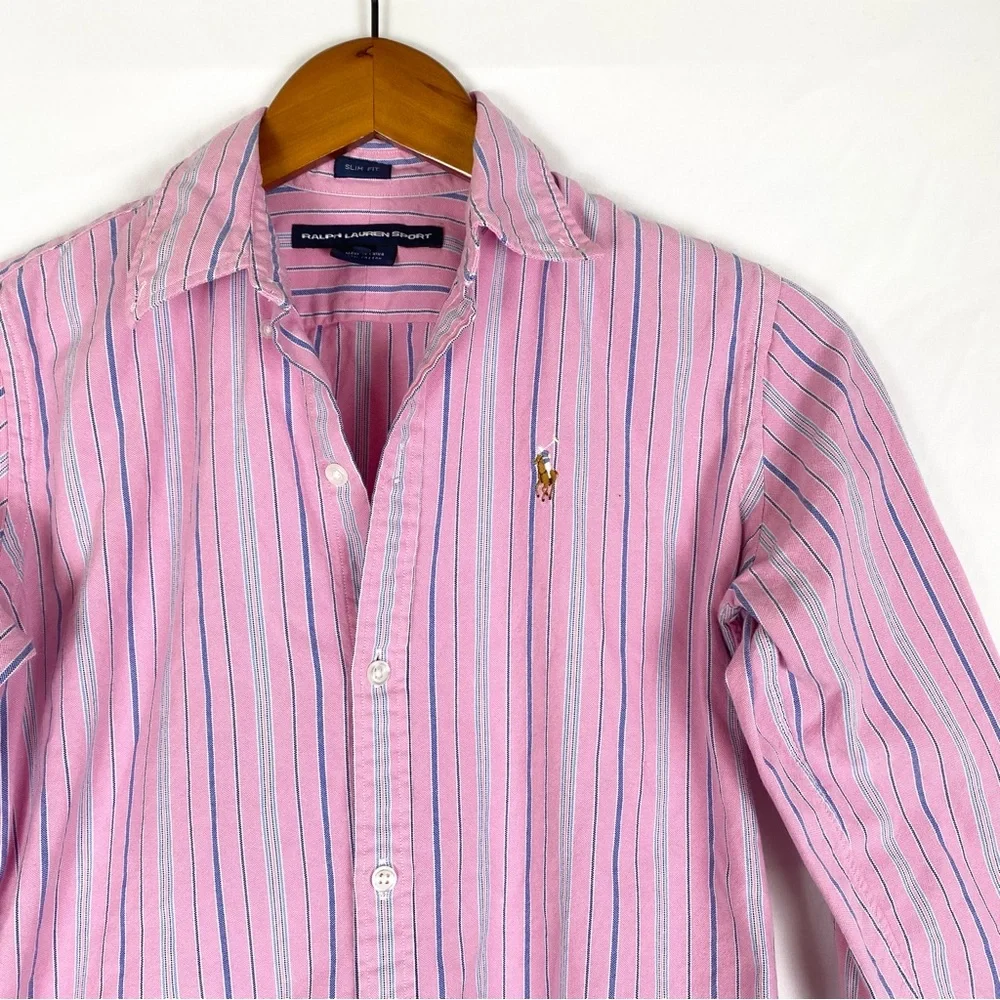 Vintage Ralph Lauren Sport Y2K Pink‎ Stripe Shirt Collar Button Up Size 4 Cotton - Picture 2 of 5